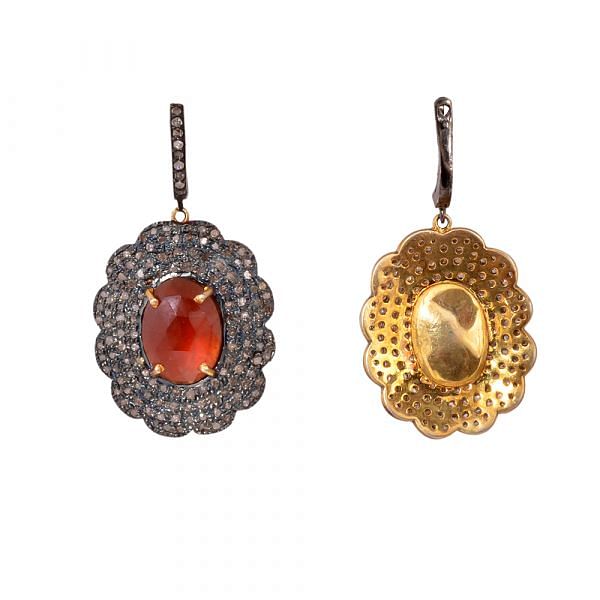 Victorian Jewelry, Silver Diamond Earring With Rose Cut Diamond And Hessonite Garnet Stone Studded In 925 Sterling Silver Gold Plating. J-33