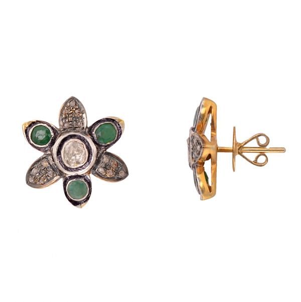Victorian Jewelry, Silver Diamond Earring With Rose Cut Diamond And Polki Diamond, Emerald Stone In 925 Sterling Silver Gold Plating. J-386