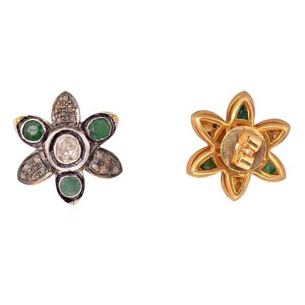 Victorian Jewelry, Silver Diamond Earring With Rose Cut Diamond And Polki Diamond, Emerald Stone In 925 Sterling Silver Gold Plating. J-386