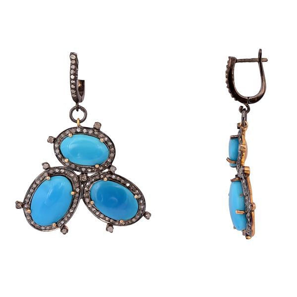 Victorian Jewelry, Silver Diamond Earring With Rose Cut Diamond And Turquoise Stone Studded In 925 Sterling Silver Gold Plating. J-387
