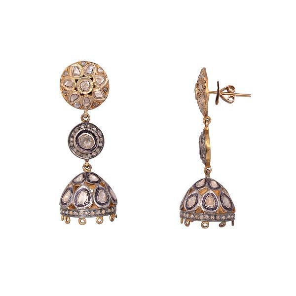 Victorian Style 925 sterling Silver, Gold Plated Diamond Earring With Polki Diamonds . J-464