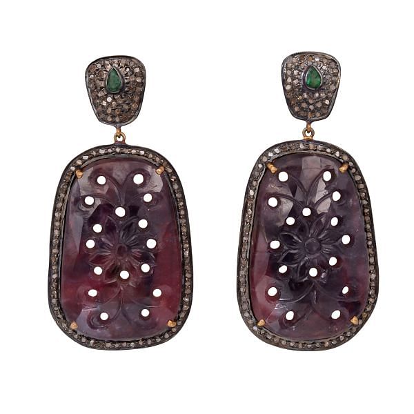 Victorian Jewelry, Silver Diamond Earring With Rose Cut Diamond And Sapphire Stone Studded In 925 Sterling Silver Gold Plating. J-529