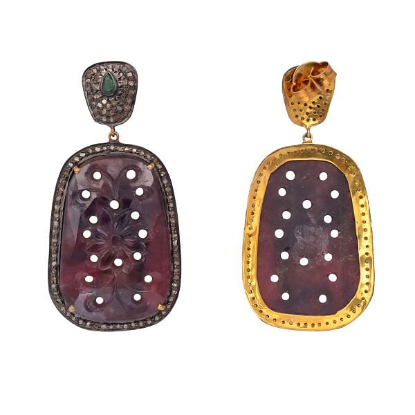 Victorian Jewelry, Silver Diamond Earring With Rose Cut Diamond And Sapphire Stone Studded In 925 Sterling Silver Gold Plating. J-529