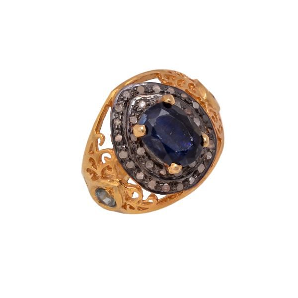 925 Sterling Silver Diamond Ring Studded With Kyanite Stone - J-548
