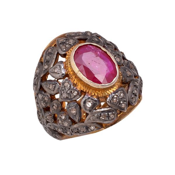 Victorian Jewelry, Silver Diamond Ring With Rose Cut Diamond And Ruby In 925 Sterling Silver Gold, Black Rhodium Plating
