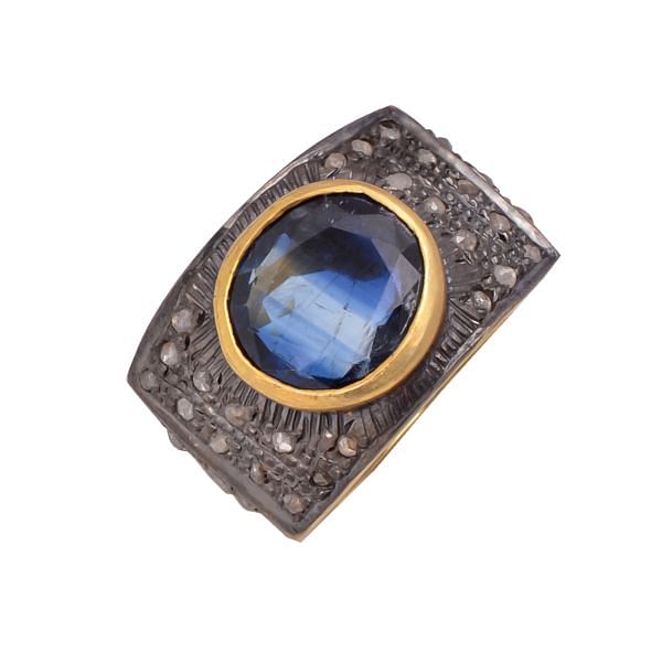 925 Sterling Silver Diamond Ring - Rose Cut Diamond And Kyanite, J-582