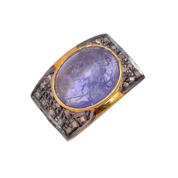 925 Sterling Silver Diamond Ring With Rose Cut Diamond And Tanzanite -   J-595