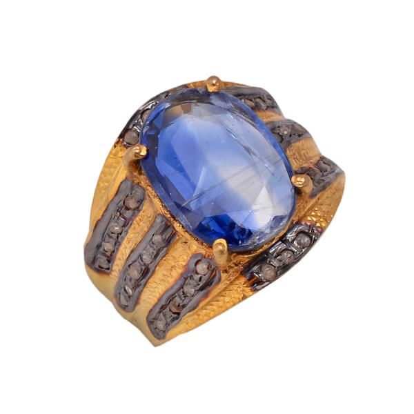 925 Sterling Silver Diamond Ring Studded With Rose Cut Diamond And Kyanite -J-597 
