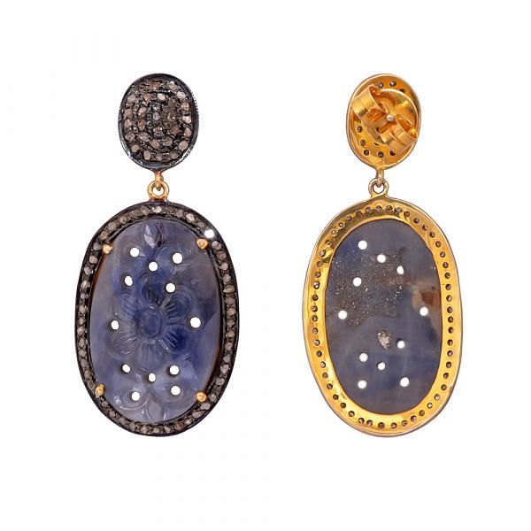 Victorian Jewelry, Silver Diamond Earring With Rose Cut Diamonds And Sapphire Stone Studded In 925 Sterling Silver Gold Plating. J-5