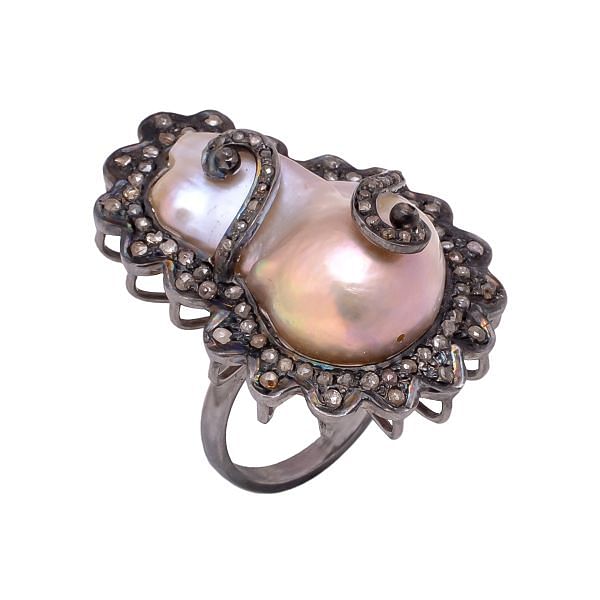 Victorian Jewelry, Silver Diamond Ring With Rose Cut Diamond And Pearl Stone Studded In 925 Sterling Silver Black Rhodium Plating. J-635