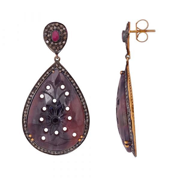 Victorian Jewelry, Silver Diamond Earring With Rose Cut Diamond And Sapphire Stone Studded In 925 Sterling Silver Gold Plating. J-63
