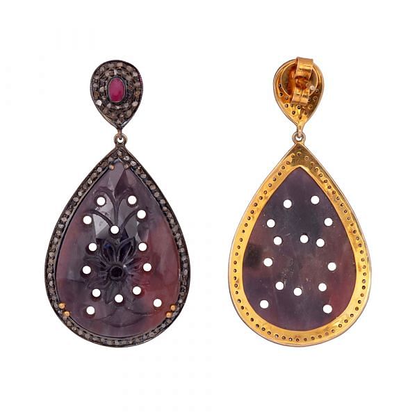 Victorian Jewelry, Silver Diamond Earring With Rose Cut Diamond And Sapphire Stone Studded In 925 Sterling Silver Gold Plating. J-63