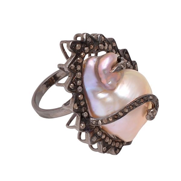 Victorian Jewelry, Silver Diamond Ring With Rose Cut Diamond And Pearl Studded In 925 Sterling Silver Black Rhodium Plating. J-640