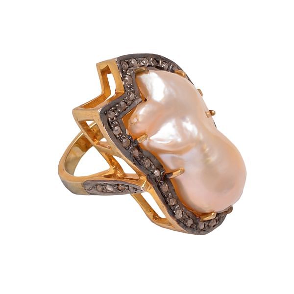 Victorian Jewelry, Silver Diamond Ring With Rose Cut Diamond And Pearl Stone Studded in 925 Sterling Silver, Gold Plating. J-641