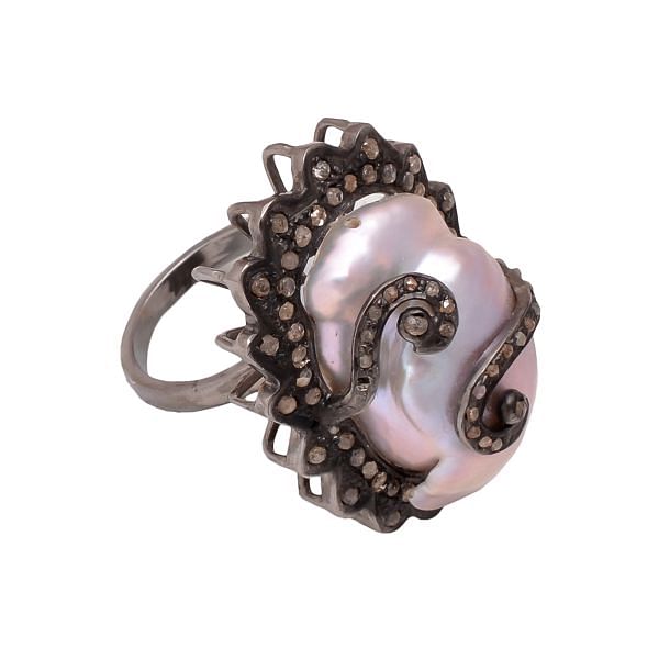 Victorian Jewelry, Silver Diamond Ring With Rose Cut Diamond And Pearl Stone Studded In 925 Sterling Silver Black Rhodium Plating. J-642