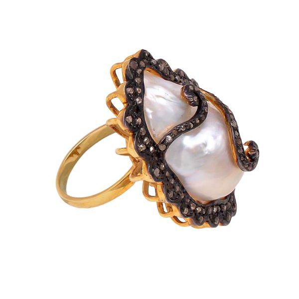 Victorian Jewelry, Silver Diamond Ring With Rose Cut Diamond And Pearl Stone Studded In 925 Sterling Silver Gold, Black Rhodium Plating. J-643