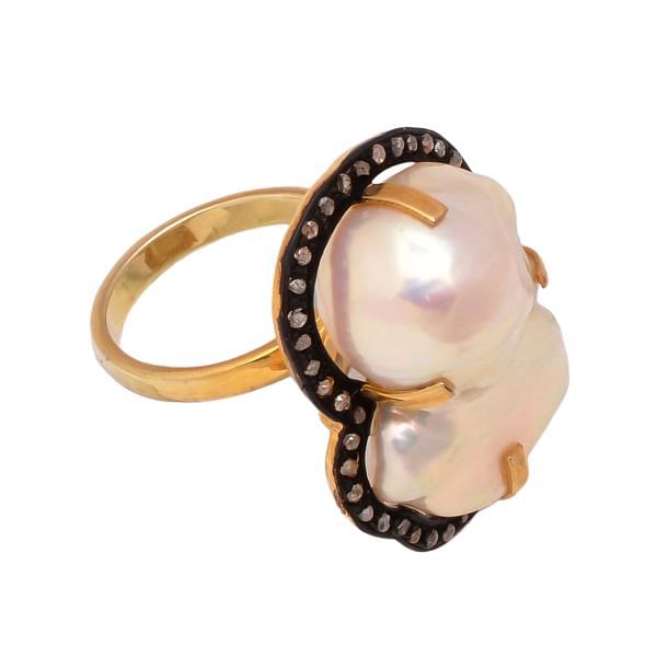 Victorian Jewelry, Silver Diamond Ring With Rose Cut Diamond And Pearl Stone Studded In 925 Sterling Silver Gold, Black Rhodium Plating. J-644