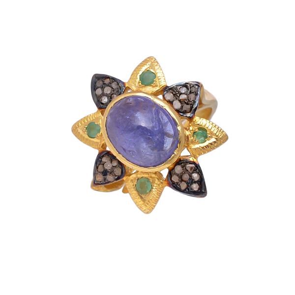 Victorian Jewelry, Silver Diamond Ring With Rose Cut Diamond, Emerald And Tanzanite Stone Studded In 925 Sterling Silver Gold, Black Rhodium Plating. J-646