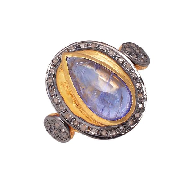 Victorian Jewelry, Silver Diamond Ring With Rose Cut Diamond And Tanzanite Stone Studded In 925 Sterling Silver Gold, Black Rhodium Plating. J-653