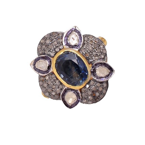 Victorian Jewelry, Silver Diamond Ring With Rose Cut Diamond, Polki Diamond And Kyanite Stone Studded In 925 Sterling Silver Gold, Black Rhodium Plating. J-666