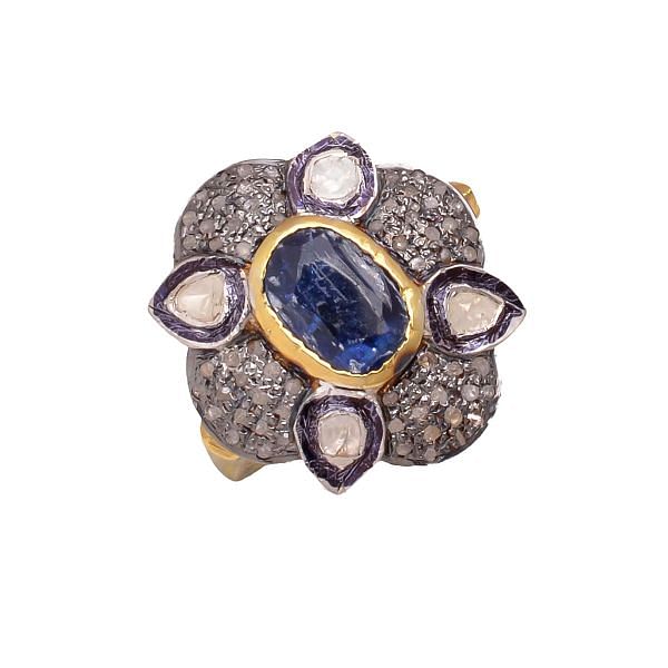 Victorian Jewelry, Silver Diamond Ring With Rose Cut Diamond, Polkid Diamond And Kyanite In 925 Sterling Silver Gold, Black Rhodium Plating