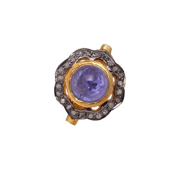 Victorian Jewelry, Silver Diamond Ring With Rose Cut Diamond And Tanzanite Stone Studded In 925 Sterling Silver Gold, Black Rhodium Plating. J-671