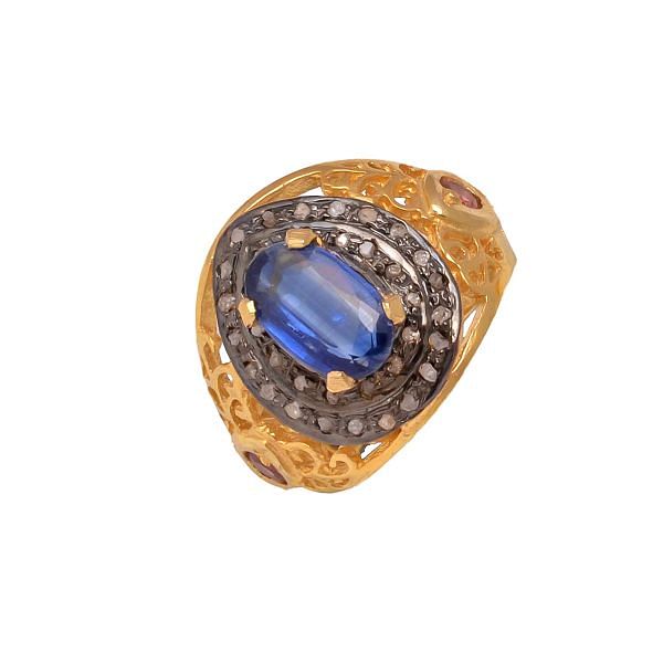 Victorian Jewelry, Silver Diamond Ring With Rose Cut Diamond, And Kyanite Stone Studded In 925 Sterling Silver Gold Plating. J-674
