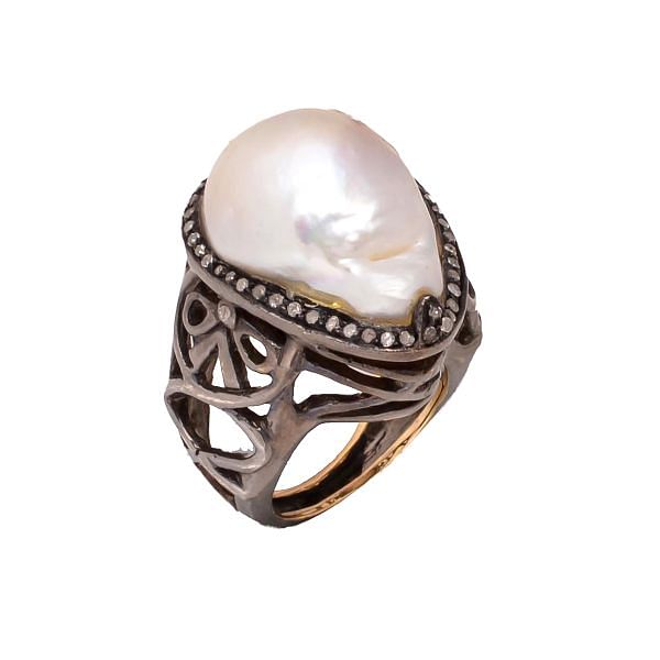 Victorian Jewelry, Silver Diamond Ring With Rose Cut Diamond And Pearl Stone Studded In 925 Sterling Silver Black Rhodium Plating. J-677