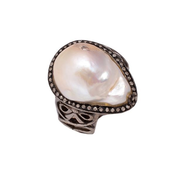 Victorian Jewelry, Silver Diamond Ring With Rose Cut Diamond And Pearl Stone Studded In 925 Sterling Silver Black Rhodium Plating. J-677