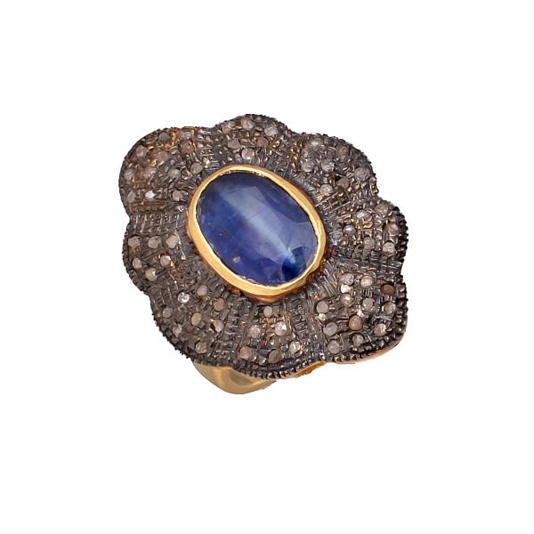 Victorian Jewelry, Silver Diamond Ring With Rose Cut Diamond And Kyanite Stone Studded In 925 Sterling Silver Gold, Black Rhodium Plating. J-678