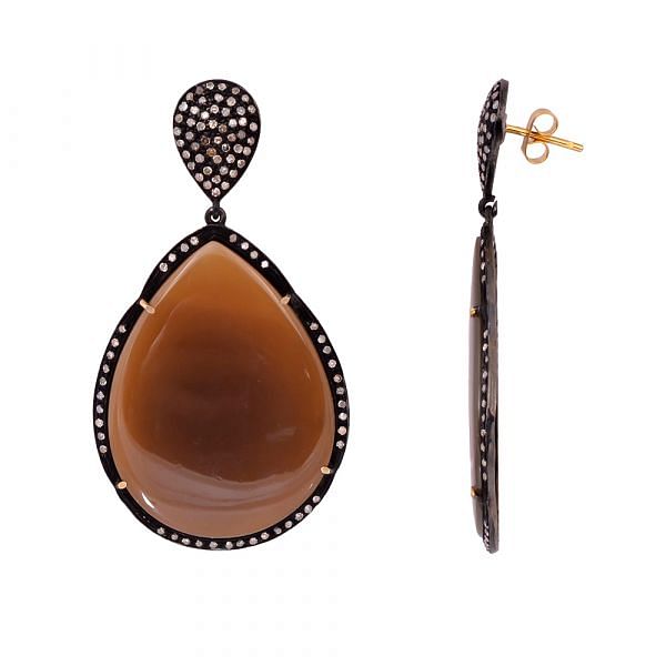 Victorian Jewelry, Silver Diamond Earring With Rose Cut Diamond And Brown Chalcedony Stone Studded In 925 Sterling Silver Gold,Black Rhodium Plating. J-67