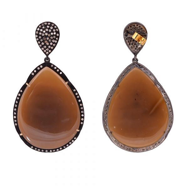 Victorian Jewelry, Silver Diamond Earring With Rose Cut Diamond And Brown Chalcedony Stone Studded In 925 Sterling Silver Gold,Black Rhodium Plating. J-67