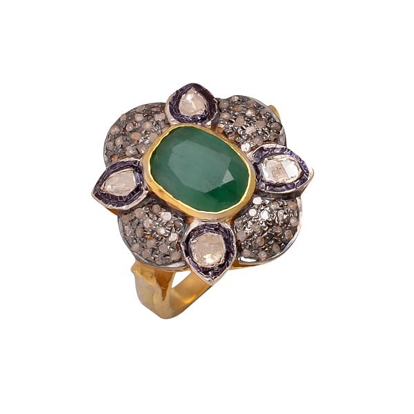 Victorian Jewelry, Silver Diamond Ring With Polki Diamond And Emerald Studded In 925 Sterling Silver, Gold Plating. J-681