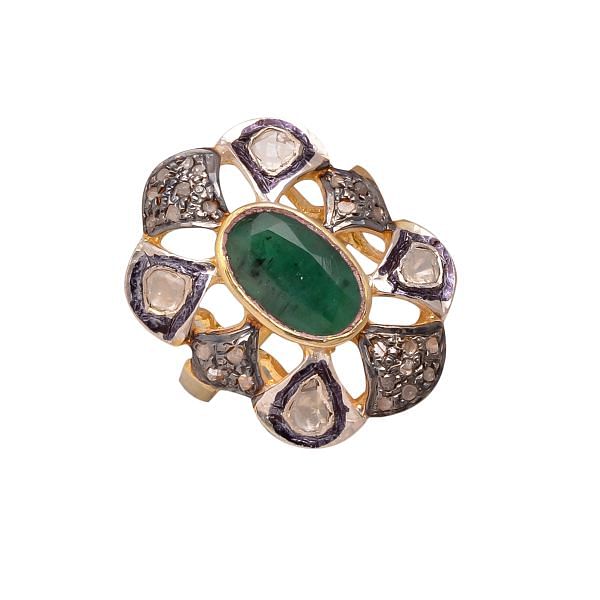 Victorian Jewelry, Silver Diamond Ring With Polki Diamond And Emerald Studded In 925 Sterling Silver, Gold Plating. J-682