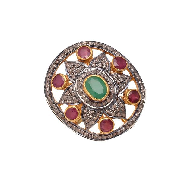 Victorian Jewelry, Silver Diamond Ring With Rose Cut Diamond, Emerald And Ruby Stone Studded In 925 Sterling Silver Gold, Black Rhodium Plating. J-684