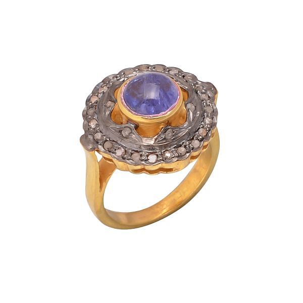 Victorian Jewelry, Silver Diamond Ring With Rose Cut Diamond And Tanzanite Stone Studded In 925 Sterling Silver, Gold Plating. J-688