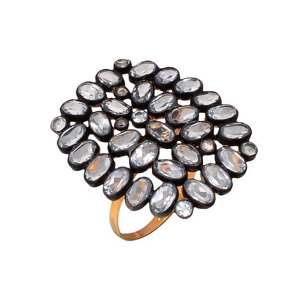 Victorian Jewelry, Silver Diamond Ring With Rose Cut Diamond, And Blue Topaz Stone Studded In 925 Sterling Silver Gold, Black Rhodium Plating. J-702