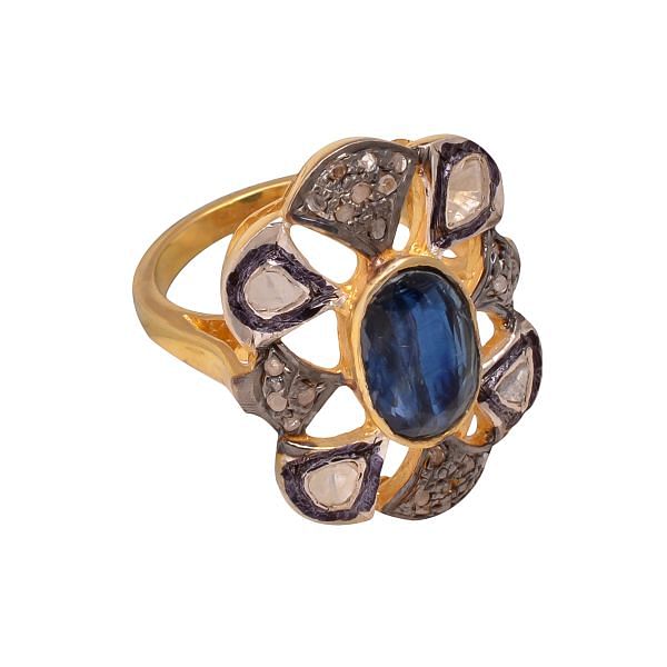Victorian Jewelry, Silver Diamond Ring With Rose Cut Diamond, Polki Diamond, And Kyanite Stone Studded In 925 Sterling Silver Gold, Black Rhodium Plating. J-706