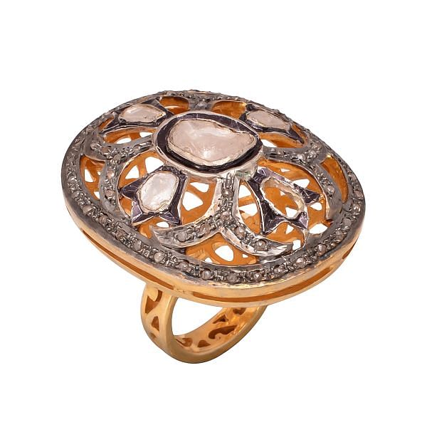 Victorian Jewelry, Silver Diamond Ring With Rose Cut Diamond, Polki Diamond  Studded In 925 Sterling Silver Gold, Black Rhodium Plating. J-707