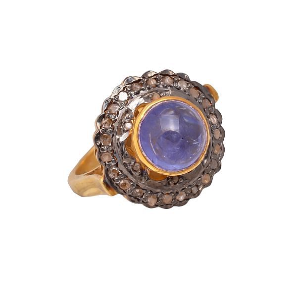 Victorian Jewelry, Silver Diamond Ring With Tanzanite Stone Studded In 925 Sterling Silver Gold, Black Rhodium Plating. J-708