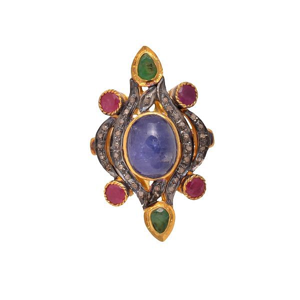Victorian Jewelry, Silver Diamond Ring With Rose Cut Diamond, And Tanzanite, Ruby, Emerald  Studded In 925 Sterling Silver Gold, Black Rhodium Plating. J-714