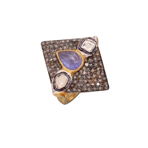 Victorian Jewelry, Silver Diamond Ring With Rose Cut Diamond, And Polki Diamond,  Tanzanite Stone Studded In 925 Sterling Silver Gold, Black Rhodium Plating. J-715