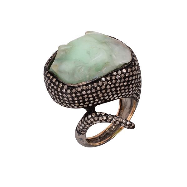 Victorian Jewelry, Silver Diamond Ring With Rose Cut Diamond And Amazonite  Stone Studded In 925 Sterling Silver Black Rhodium Plating. J-720