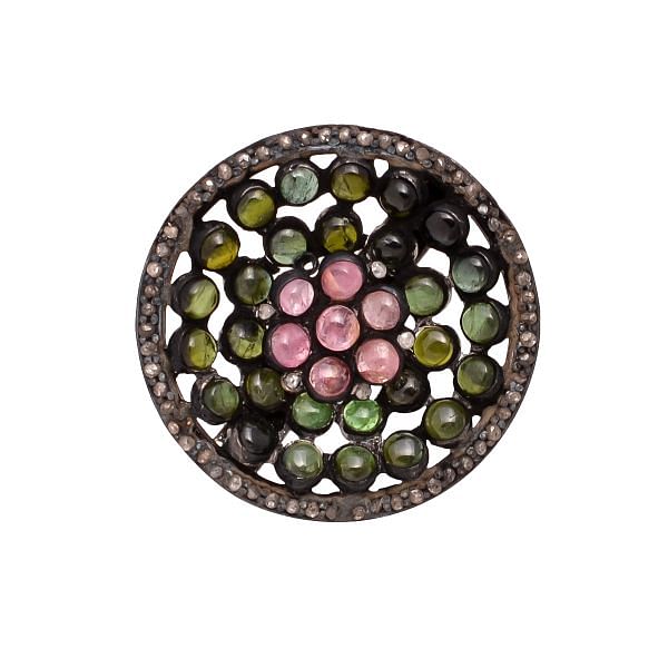 Victorian Jewelry, Silver Diamond Ring With Rose Cut Diamond And Multi Tourmaline Stone Studded In 925 Sterling Silver Black Rhodium Plating. J-723