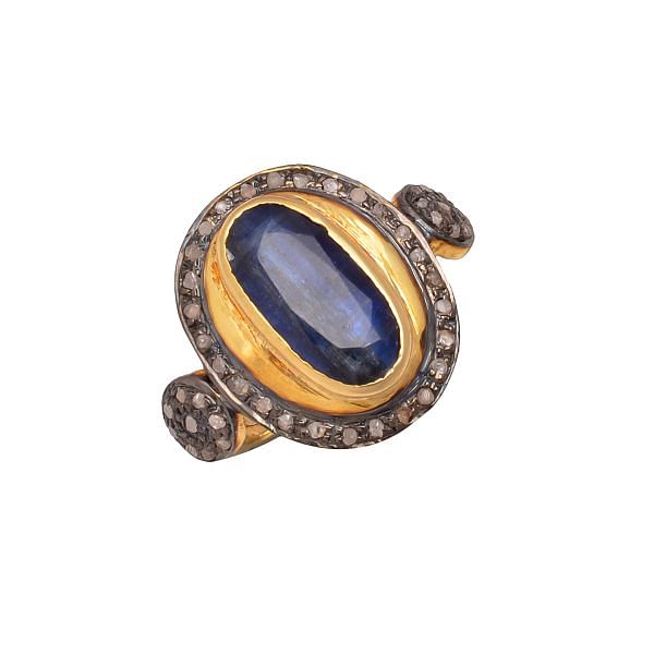 Victorian Jewelry, Silver Diamond Ring With Rose Cut Diamond And Kyanite Stone Studded In 925 Sterling Silver Gold, Black Rhodium Plating. J-724