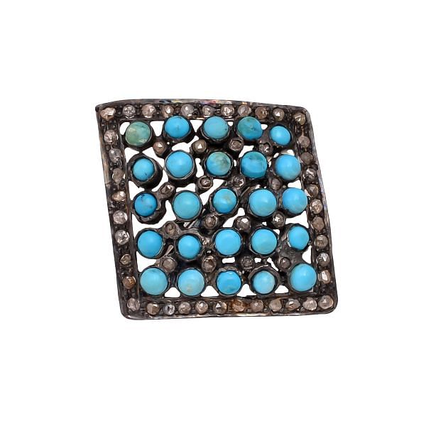 Victorian Jewelry, Silver Diamond Ring With Rose Cut Diamond And Turquoise Stone Studded In 925 Sterling Silver Black Rhodium Plating. J-726