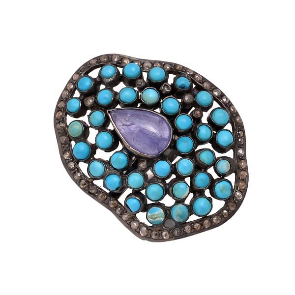 Victorian Jewelry, Silver Diamond Ring With Rose Cut Diamond, Turquoise And Tanzanite Stone Studded In 925 Sterling Silver Black Rhodium Plating. J-729