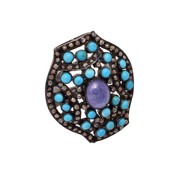 Victorian Jewelry, Silver Diamond Ring With Rose Cut Diamond, Turquoise And Tanzanite Stone Studded In 925 Sterling Silver Black Rhodium Plating. J-733