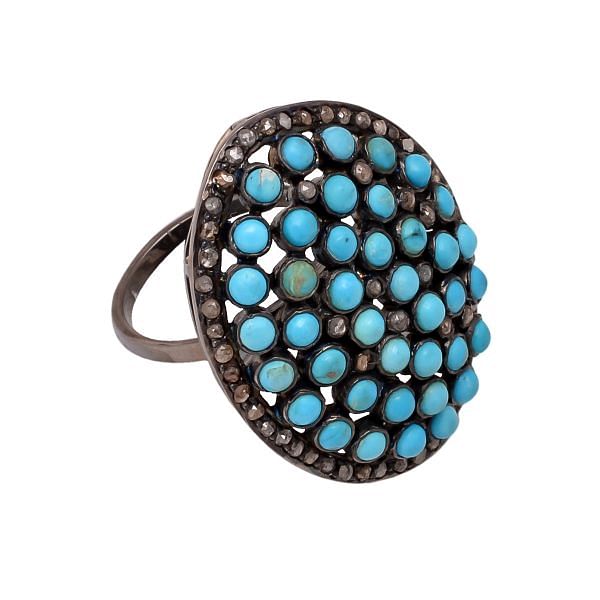 Victorian Jewelry, Silver Diamond Ring With Rose Cut Diamond And Turquoise Stone Studded In 925 Sterling Silver Black Rhodium Plating. J-734