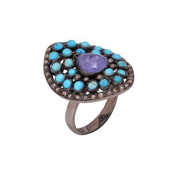 Victorian Jewelry, Silver Diamond Ring With Rose Cut Diamond, Turquoise And Tanzanite Stone Studded In 925 Sterling Silver Black Rhodium Plating. J-735